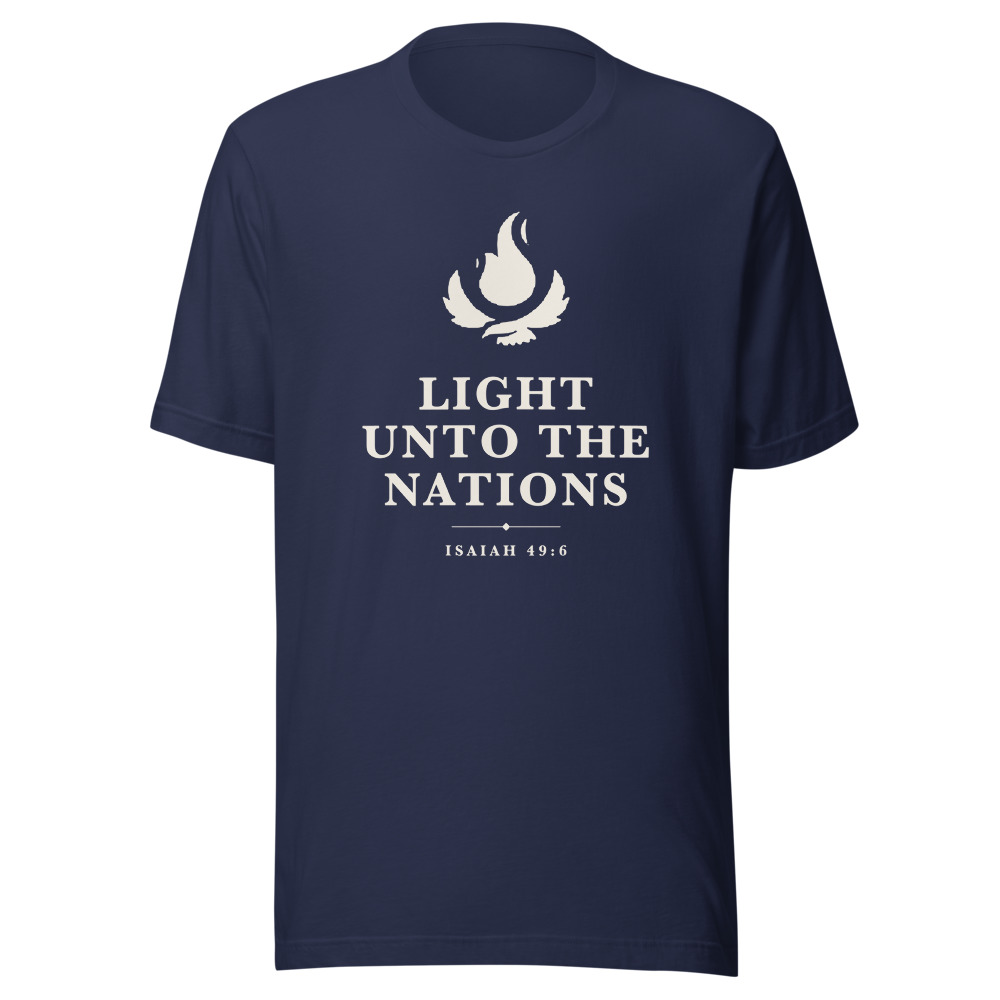 Light Unto the Nations Tee on a navy shirt
