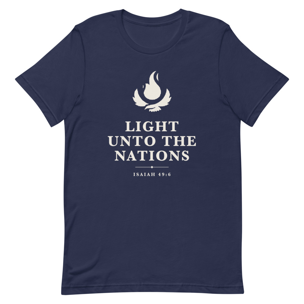 Light Unto the Nations Tee on a navy shirt