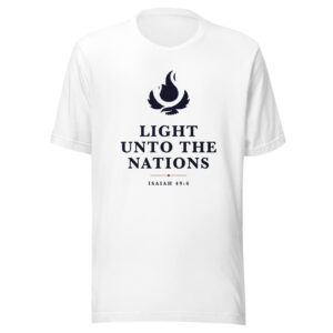 Light Unto the Nations Tee on a white shirt