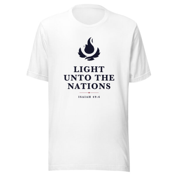 Light Unto the Nations Tee on a white shirt