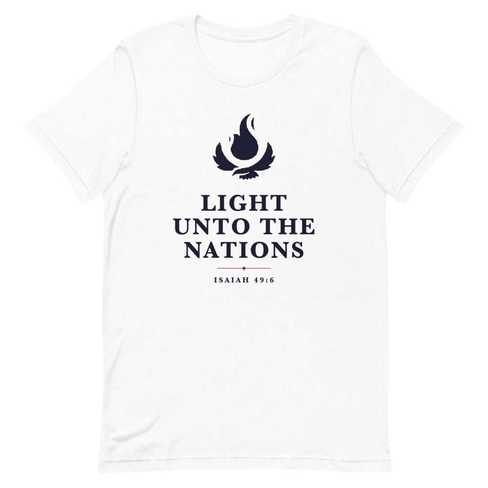 Light Unto the Nations Tee on a white shirt