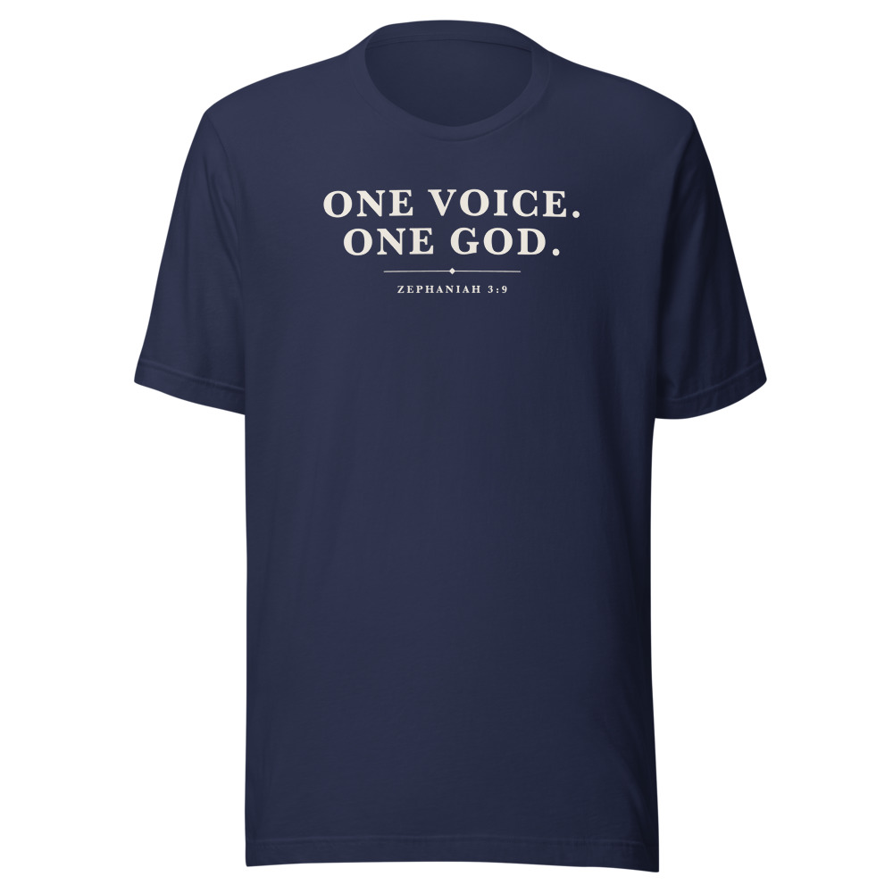One Voice One God Tee on a navy shirt