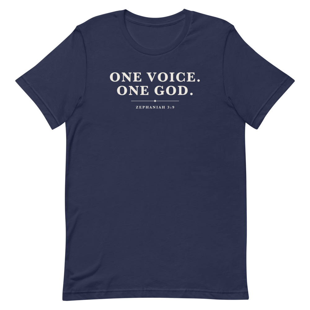 One Voice One God Tee on a navy shirt