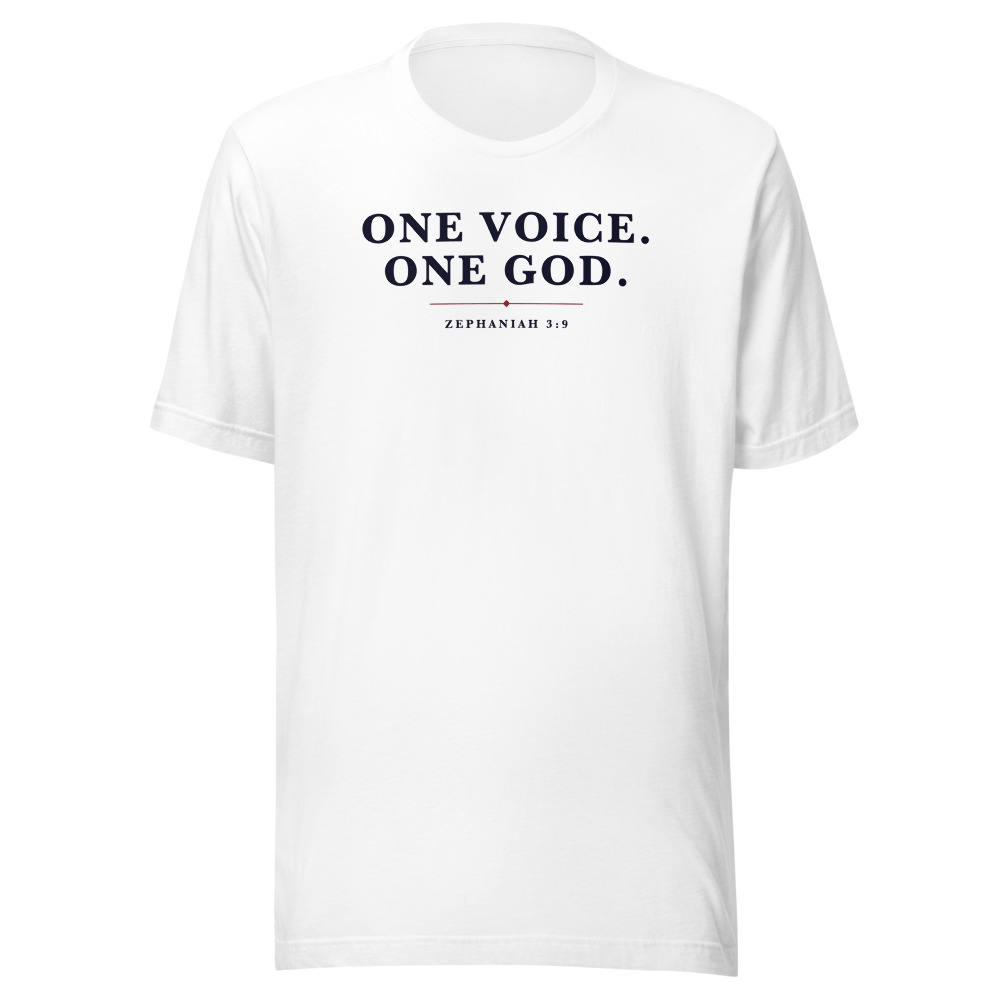 One Voice One God Tee on a white shirt