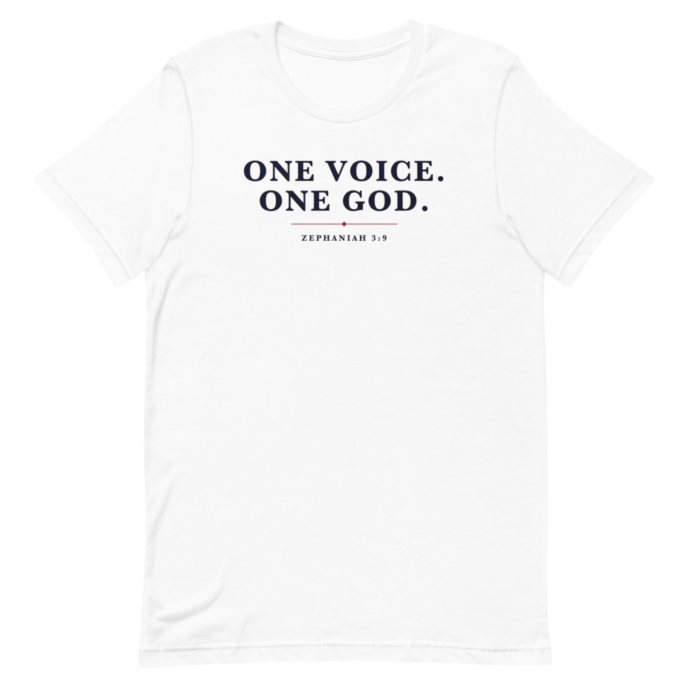 One Voice One God Tee on a white shirt