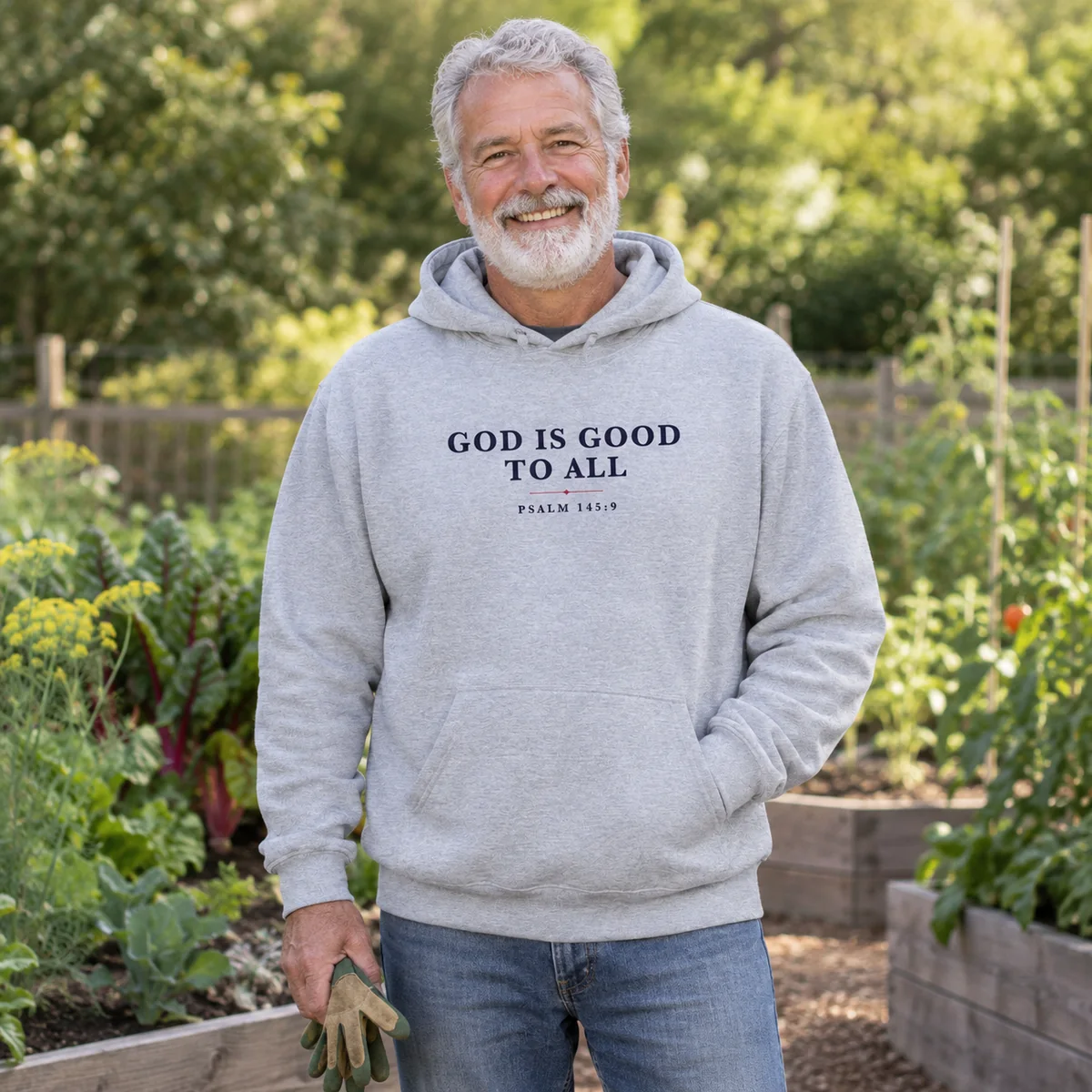 Man in a garden wearing the sport grey God Is Good to All hoodie