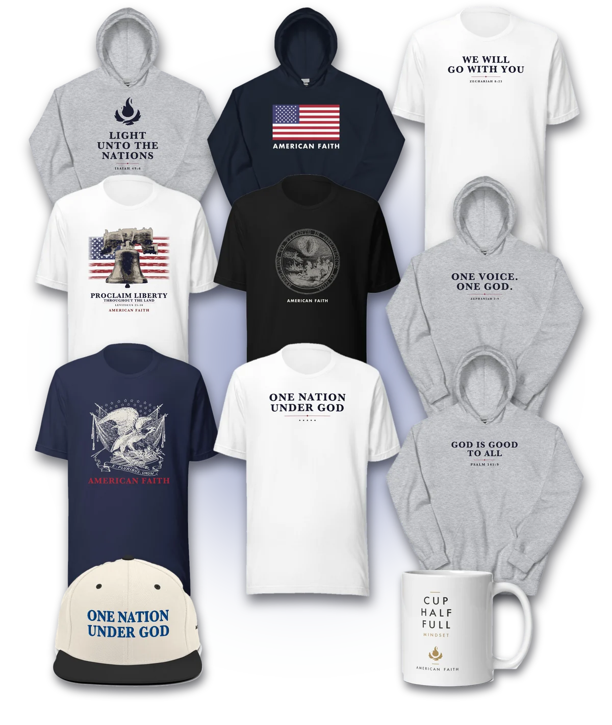 The American Faith Collection: tees, hoodies, a mug and a cap