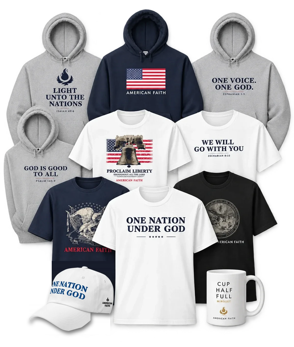 The American Faith Collection: tees, hoodies, a mug and a cap