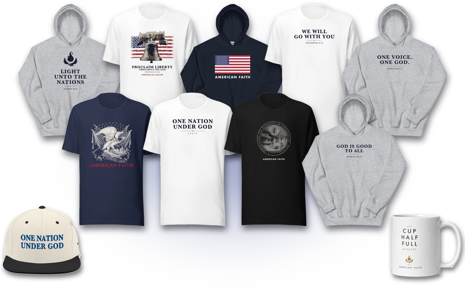 The American Faith Collection: tees, hoodies, a mug and a cap