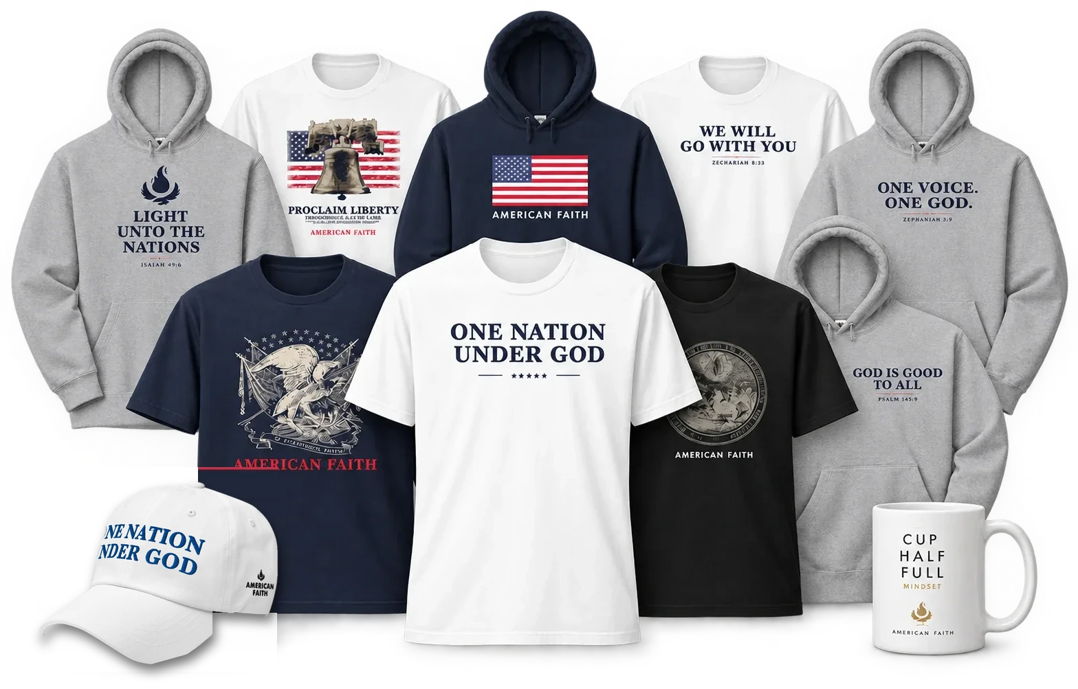 The American Faith Collection: tees, hoodies, a mug and a cap