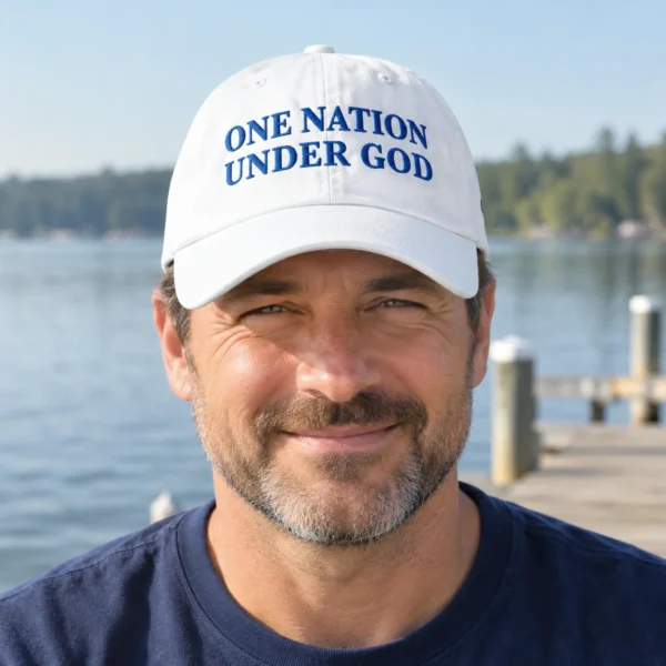 Man on a lake dock wearing the white One Nation Under God cap