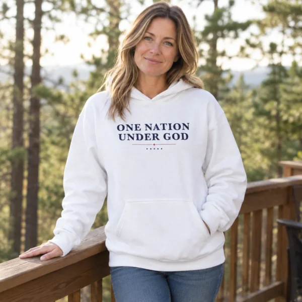 Woman on a wooden deck wearing the white One Nation Under God hoodie