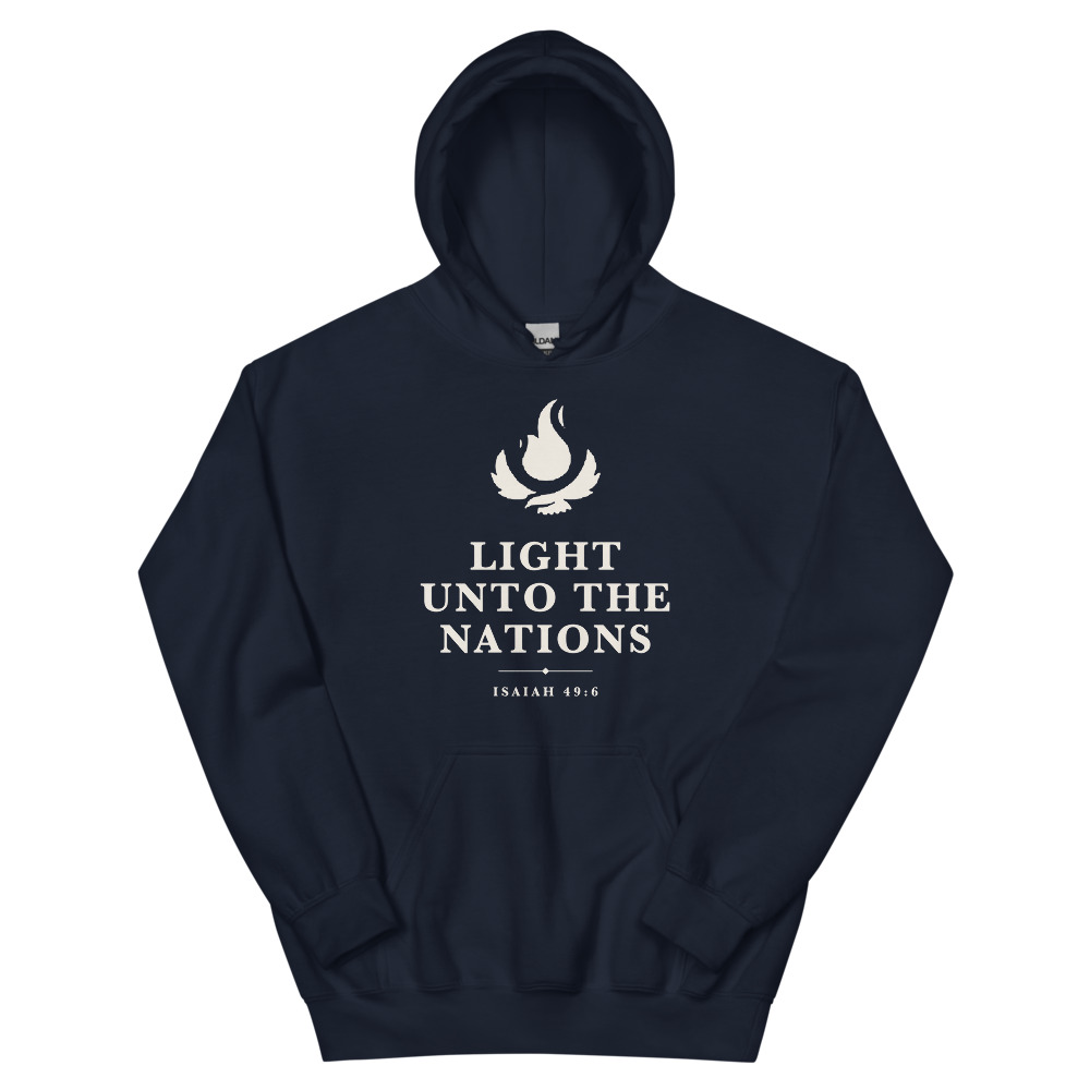 Light Unto the Nations hoodie in navy, front