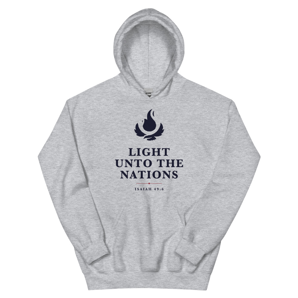 Light Unto the Nations hoodie in sport grey, front
