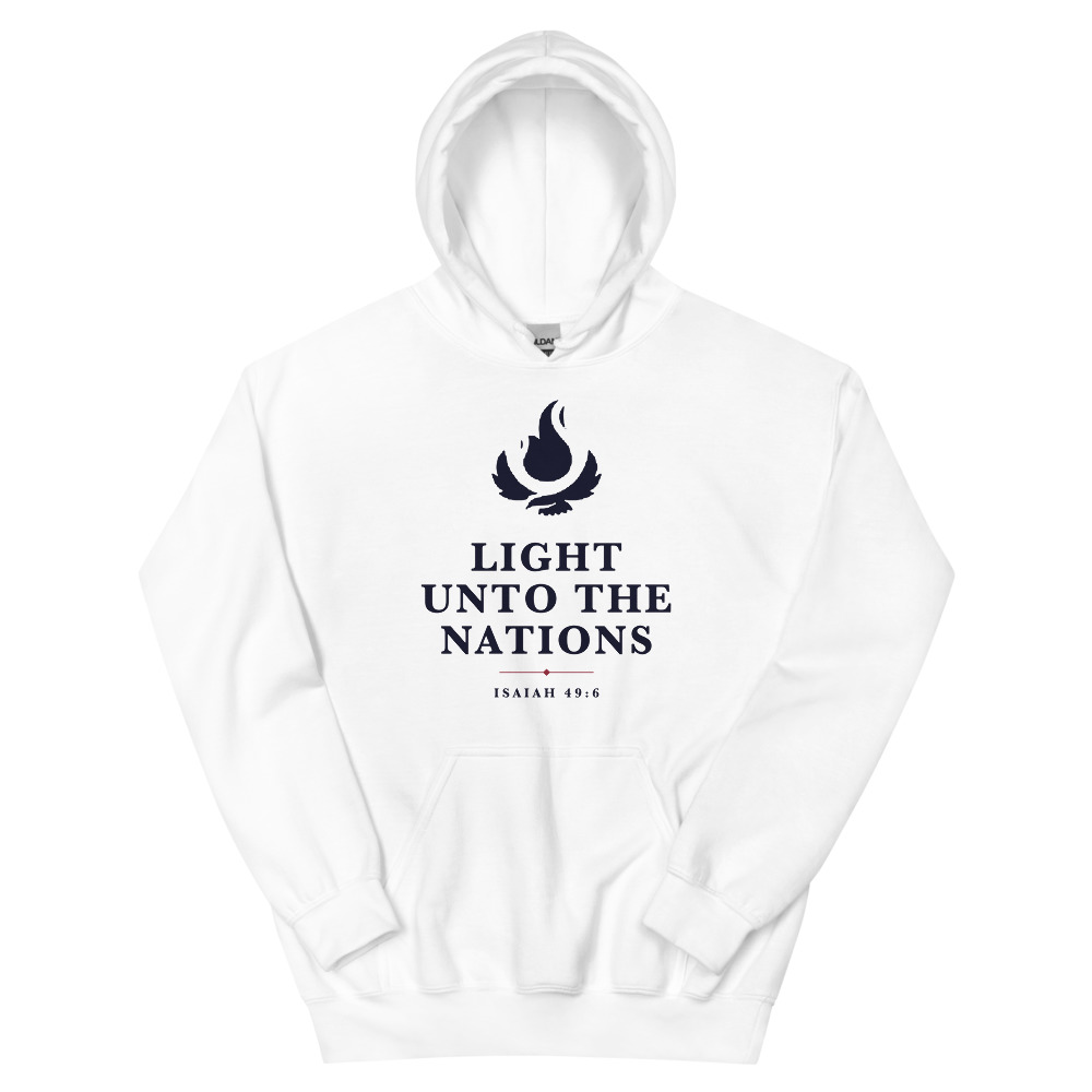 Light Unto the Nations hoodie in white, front