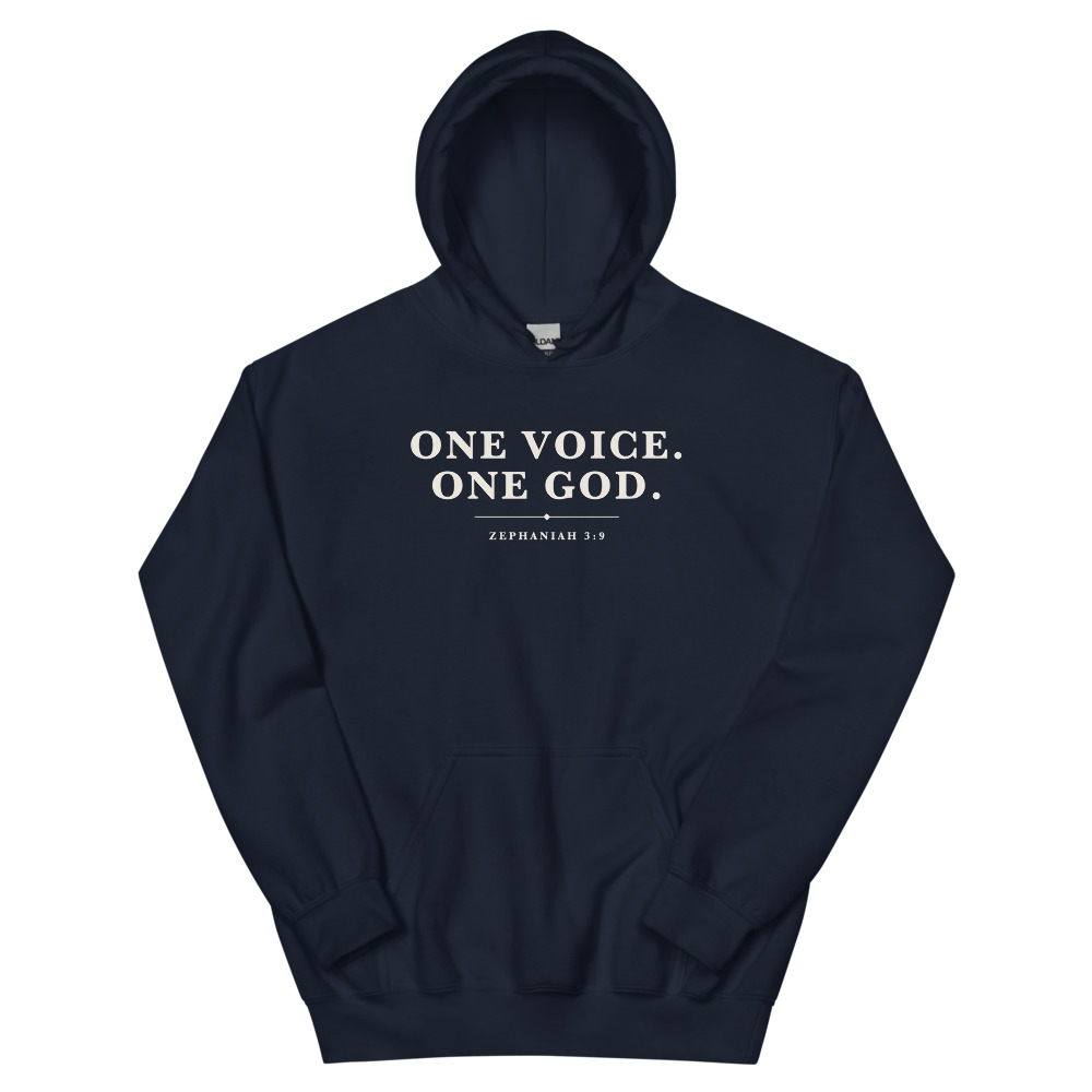 One Voice One God hoodie in navy, front