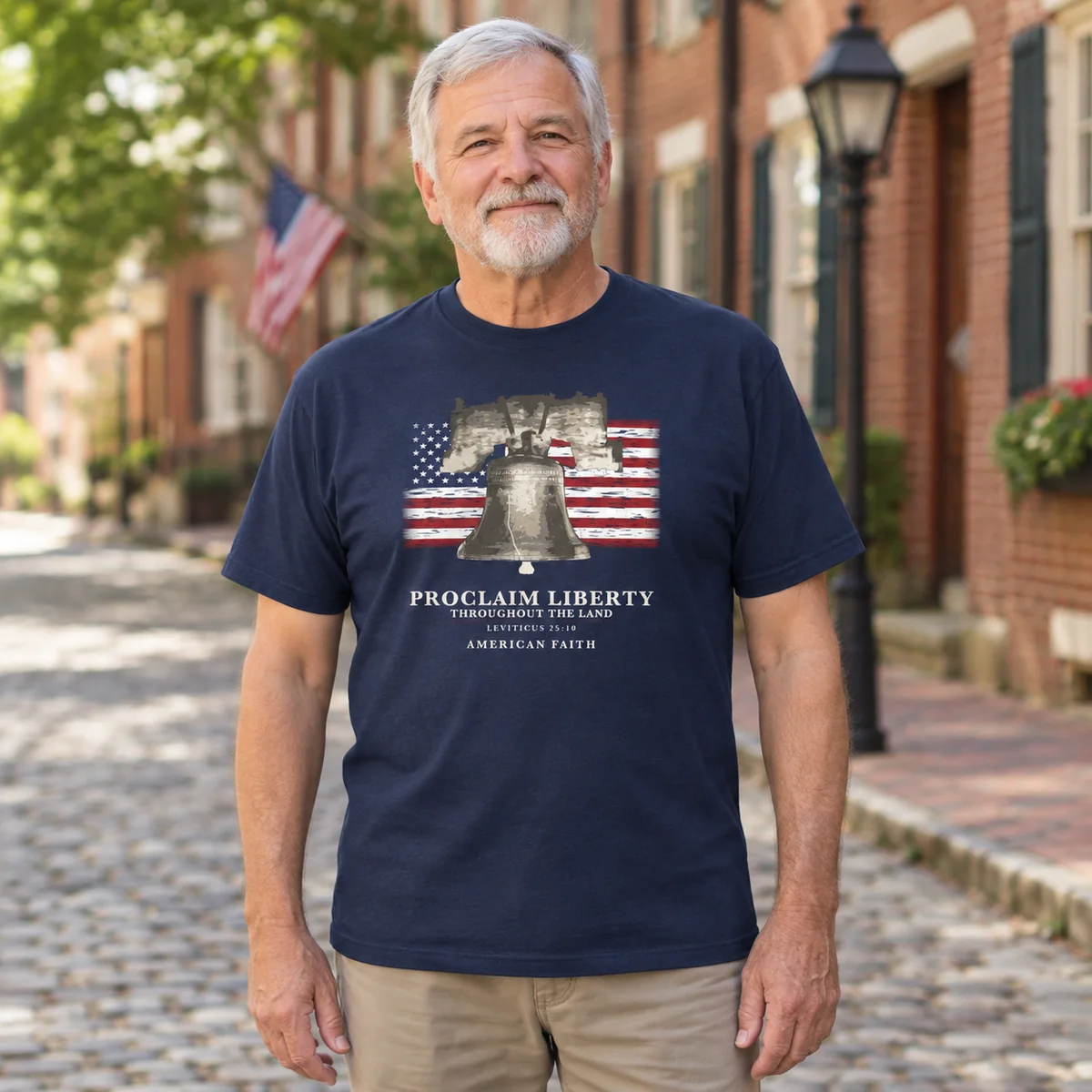 Man on a brick street wearing the navy Proclaim Liberty tee